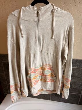 AMPERSAND AVE Light Beige Half-Zip Hoodie with Peach & Mint Aztec Trim